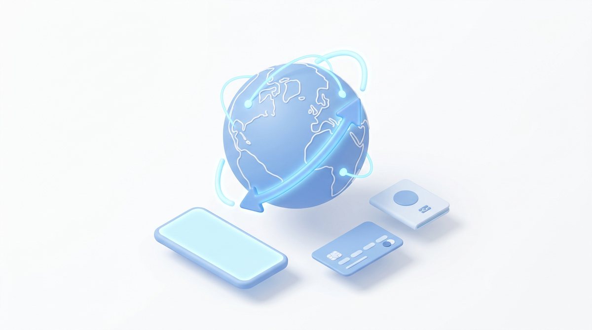 An illustration of a globe with a payment route arcing across it beside a phone, a bank card and a passport