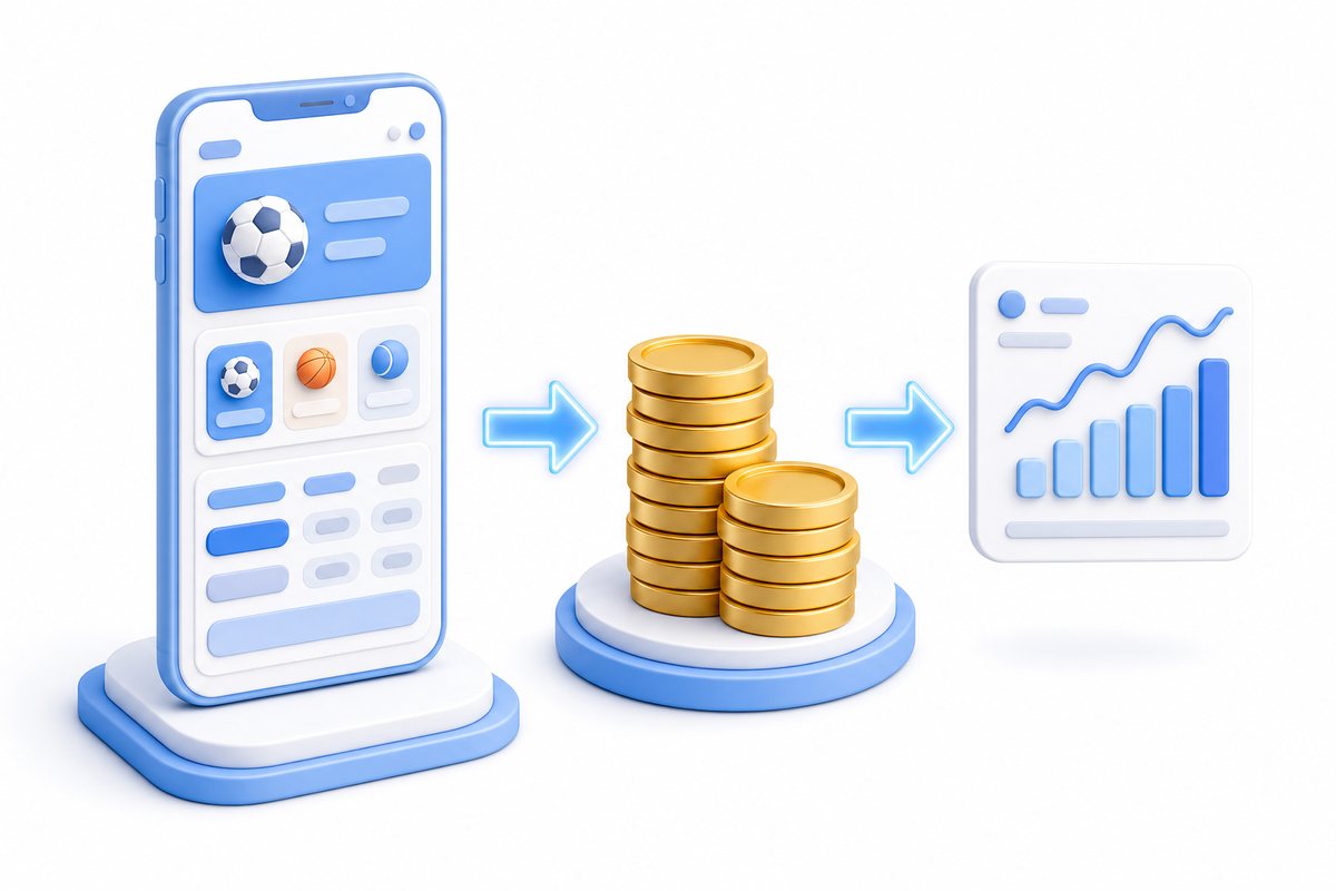 An illustration of the route money takes: a phone showing a betting app, a stack of coins, and a results card